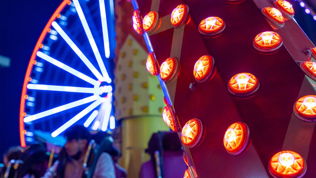 Close-up of carnival rides at New Jersey state fair.