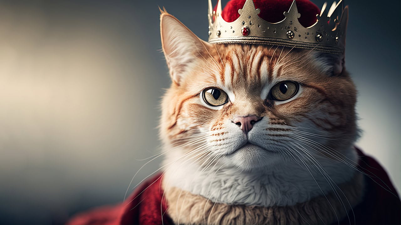 Close-up of cat wearing a royal costume and crown. Image produced by More Jersey.