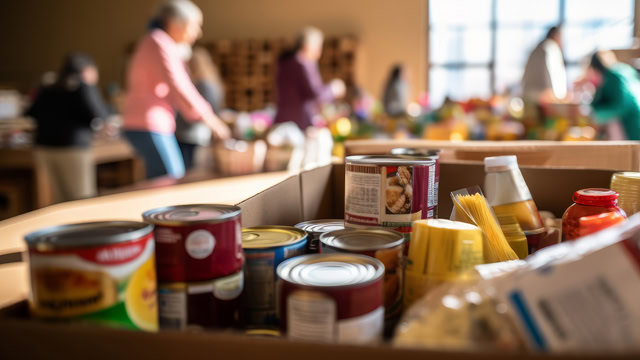 Close-up of collected food items in a box at a New Jersey donation center.