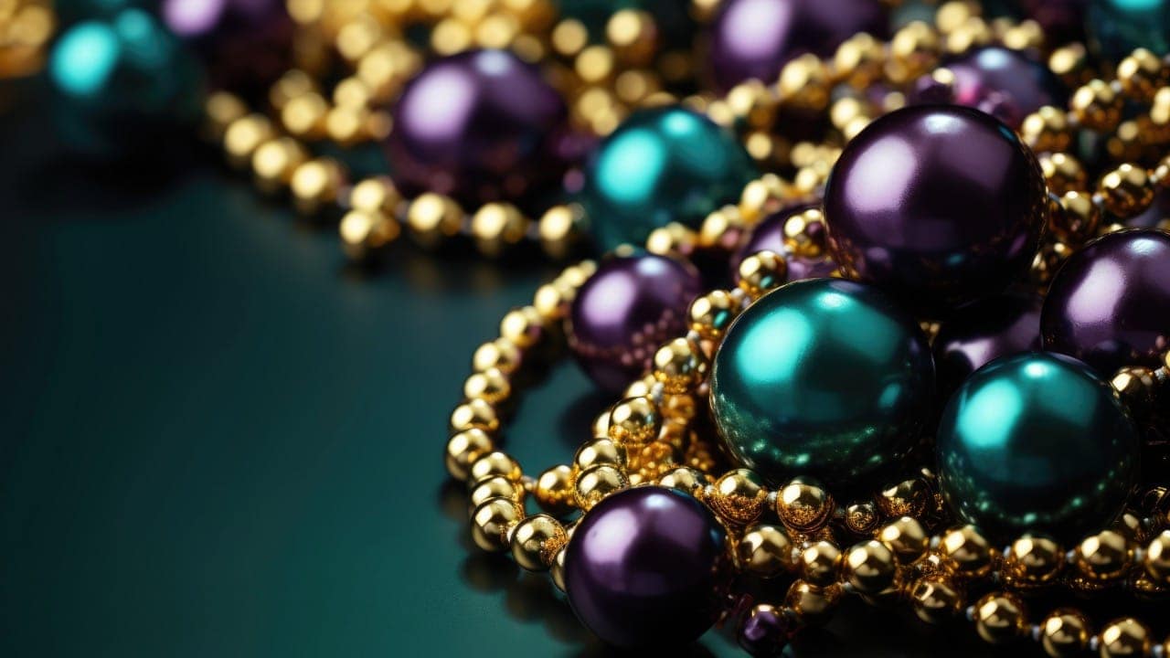 Close-up of gold, purple and green color Mardi Gras beads.