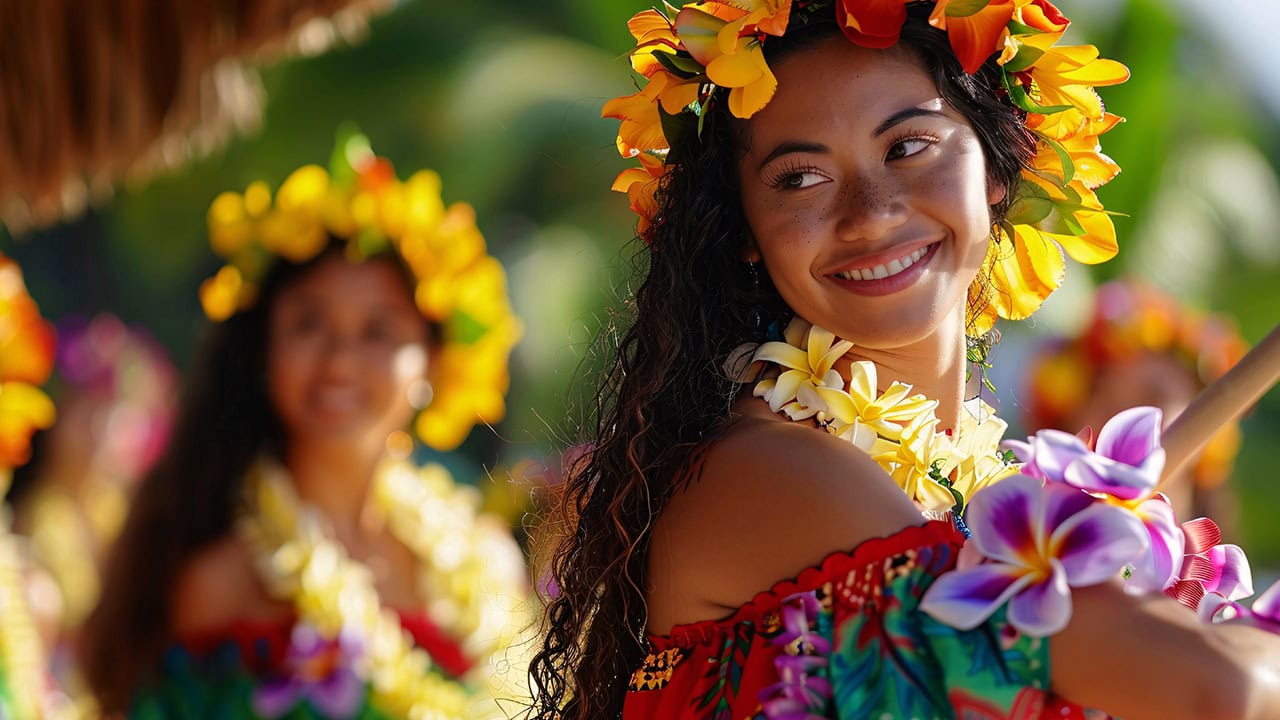 Close-up of Hawaiian hula dancers.