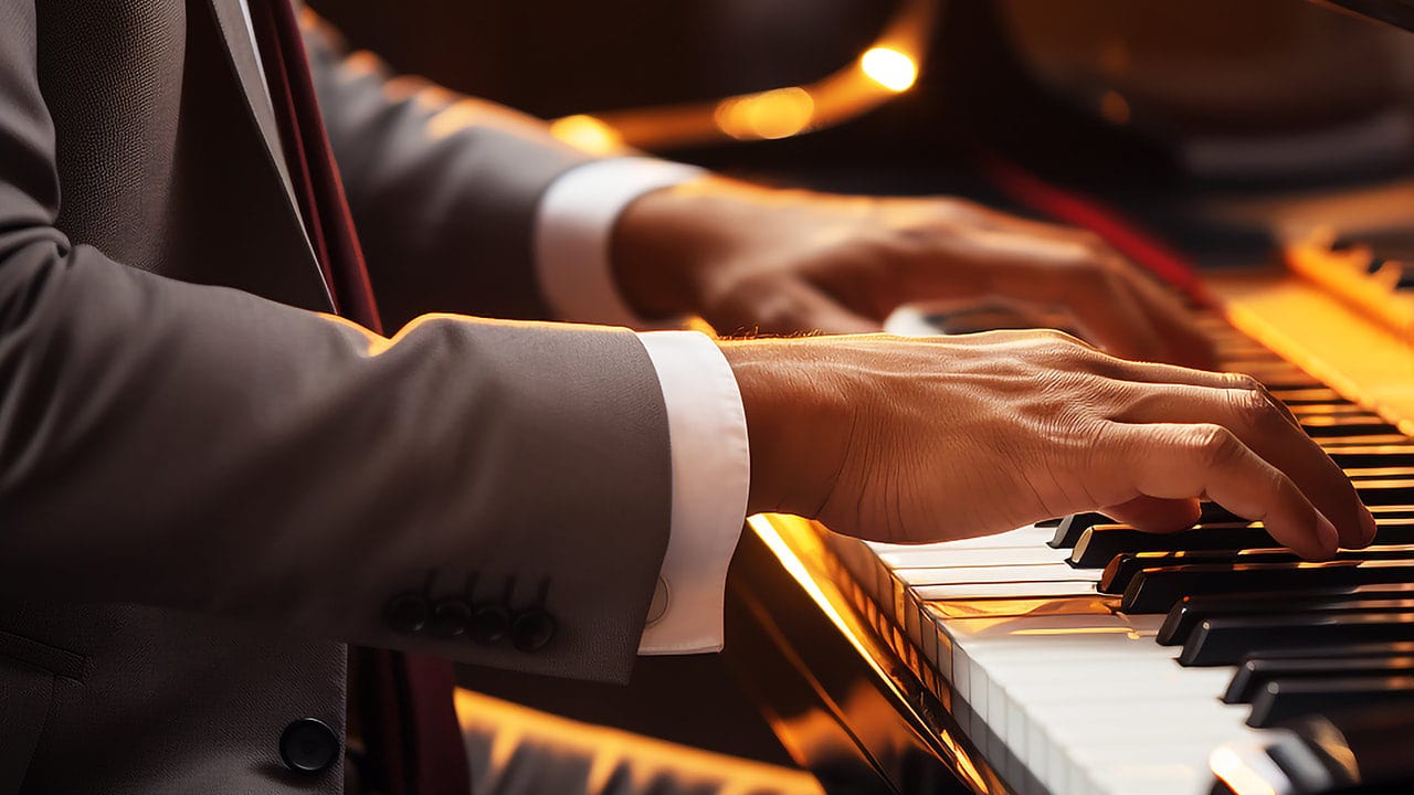 Close-up of male pianist playing the piano at New Jersey live music event.