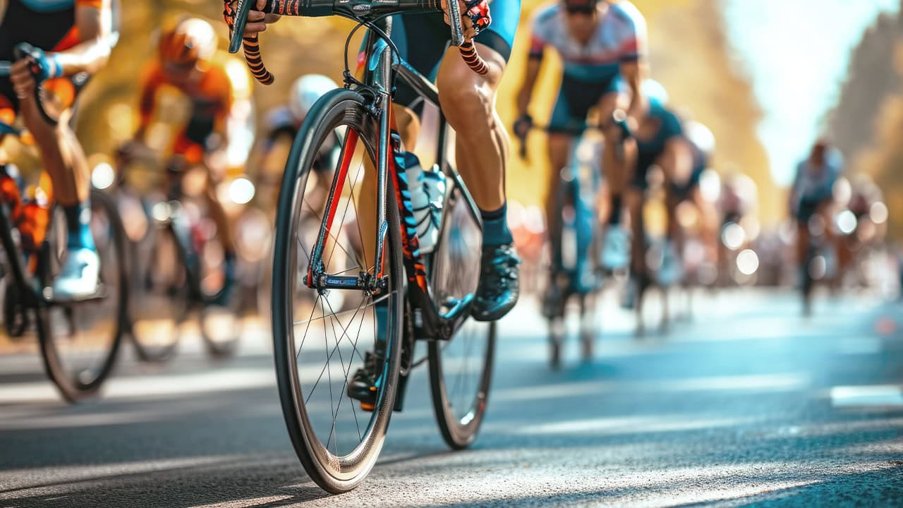 Close-up of multiple cyclists participating in cycling race. Image produced by More Jersey.