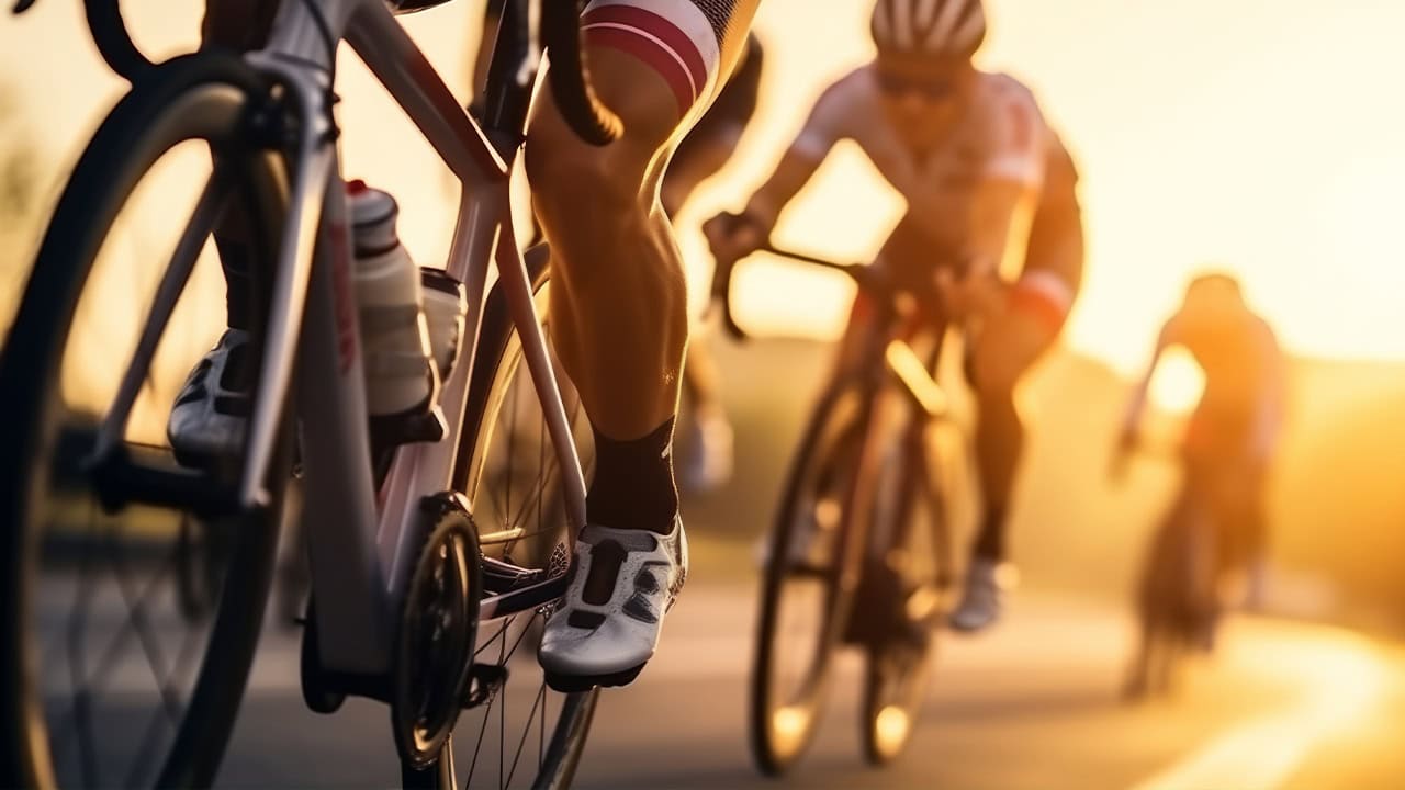 Close-up of multiple cyclists riding on open road cycling route. Image produced by More Jersey.
