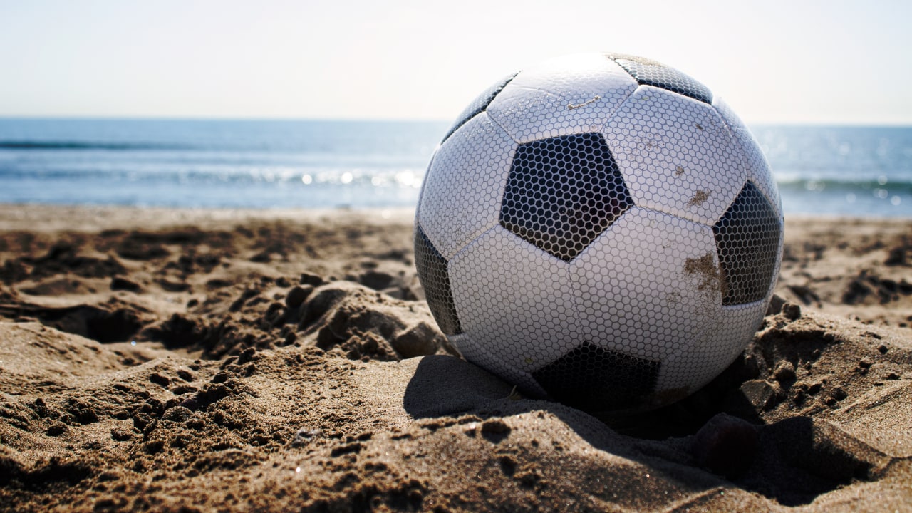 Close-up of soccer ball used for beach soccer tournament.