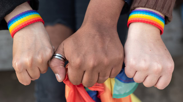  Close-up of three hands with rainbow wristbands and holding a rainbow flag.