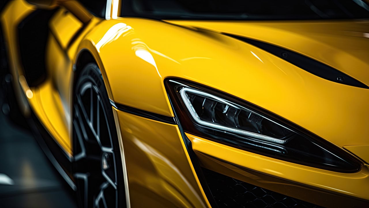 Close-up of yellow luxury sports car at New Jersey car show.