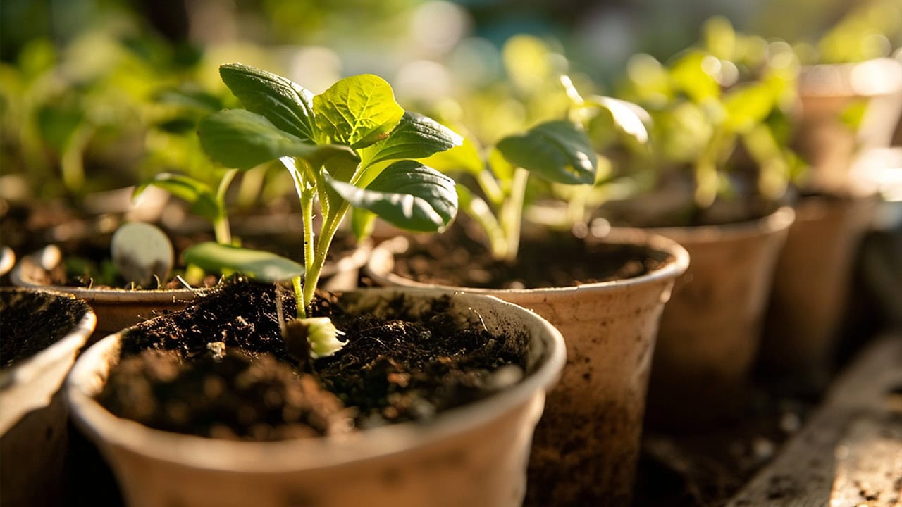 Close-up of young plant seedlings in pots.