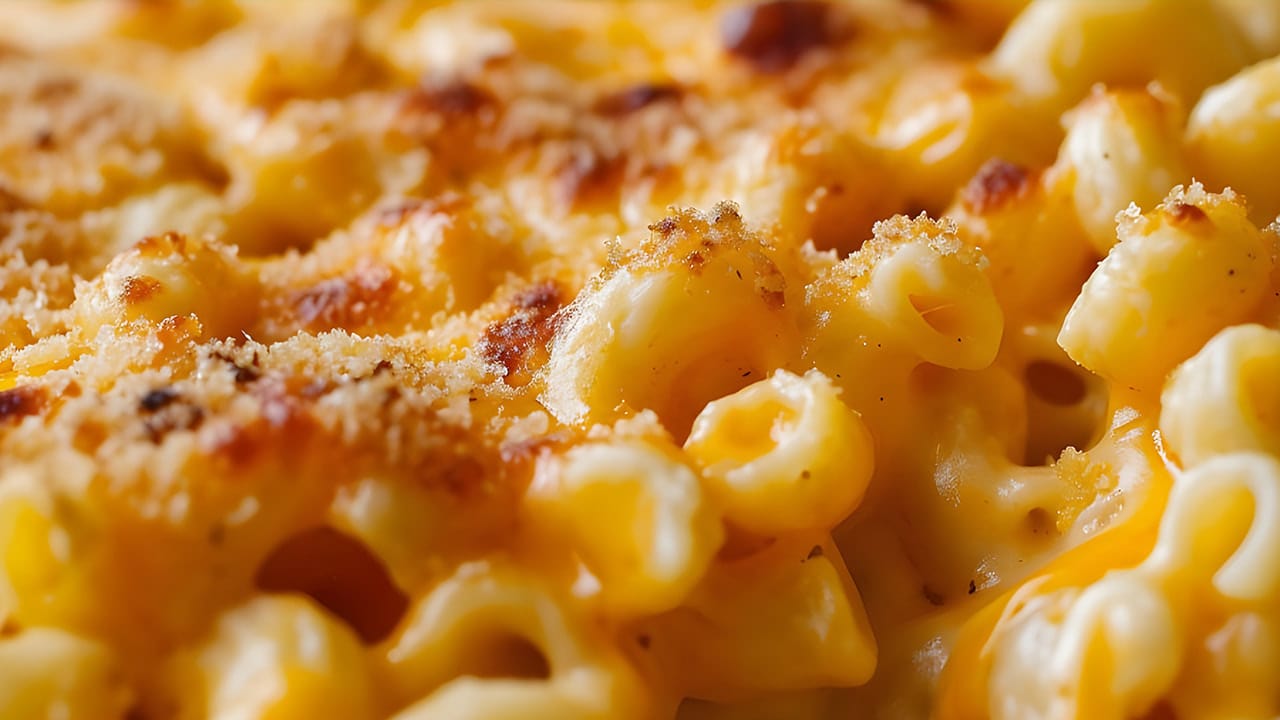 Close-up photo of baked macaroni and cheese.