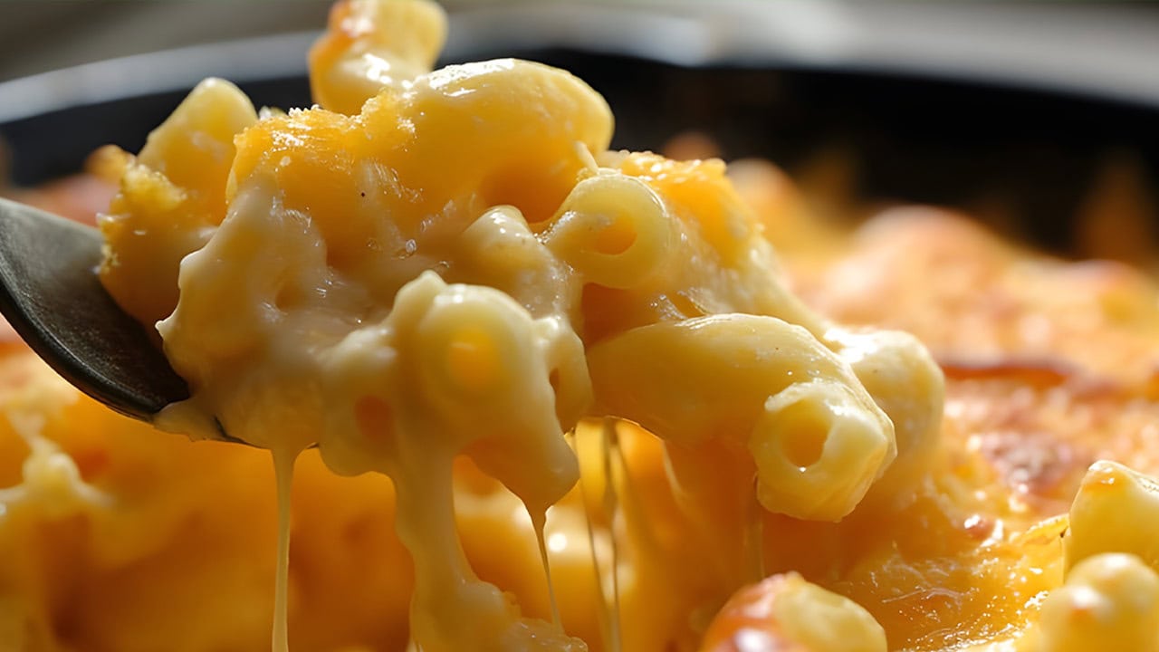 Close-up photo of baked macaroni and cheese. Image produced by More Jersey.