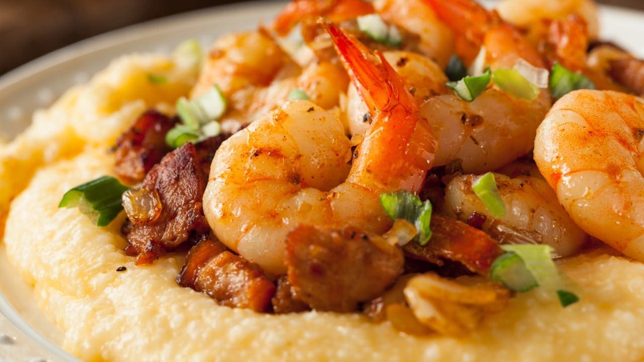 Close-up photo of gourmet shrimp and grits made by New Jersey chef.