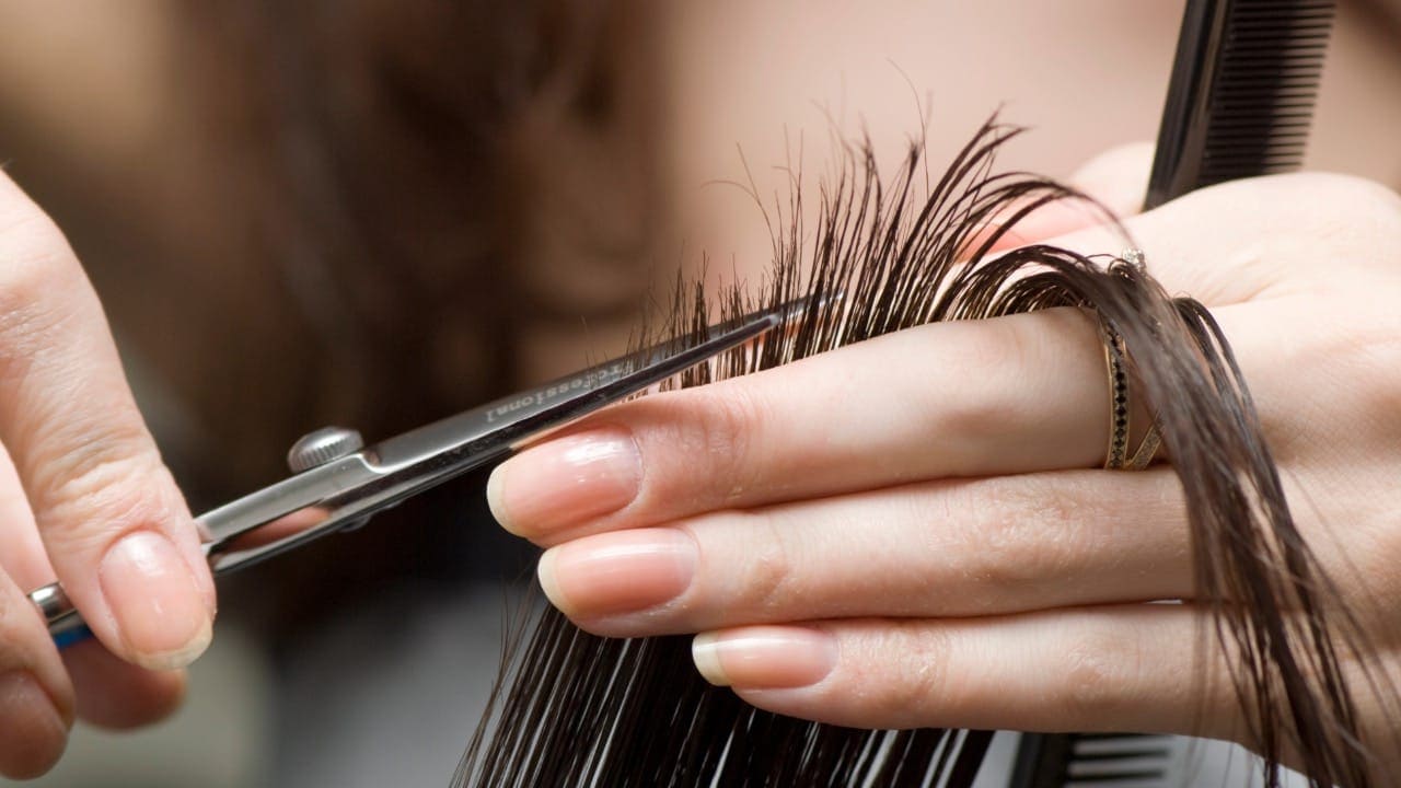 Close-up photo of New Jersey hair stylist trimming hair with scissors.