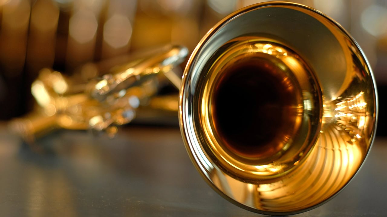 Close-up of a golden trumpet. Image produced by More Jersey.