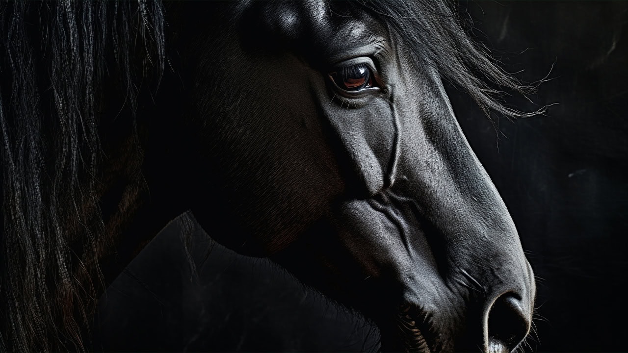 Close-up of black horse on black background. Image produced by More Jersey.