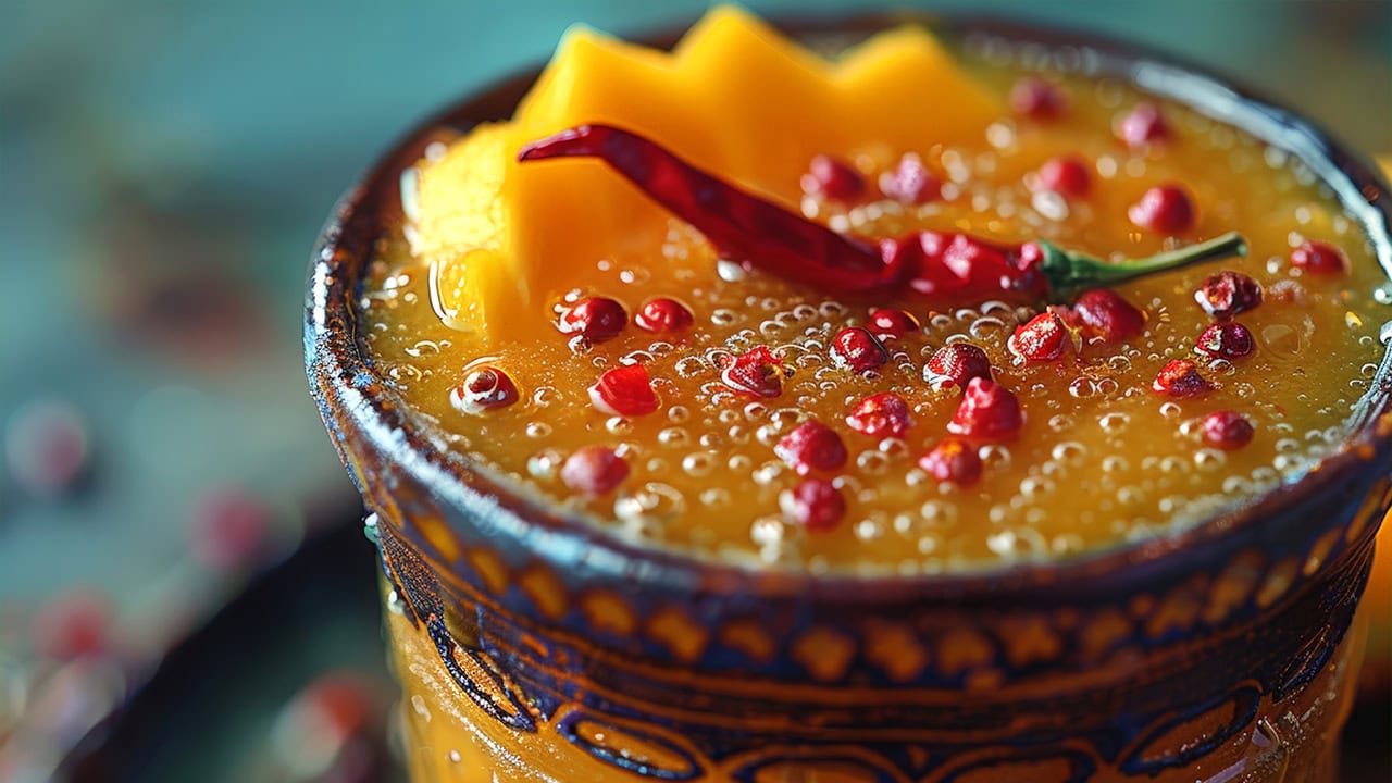 Close-up of handmade spicy mango cocktail with fresh mango slice and red chili. Image produced by More Jersey.