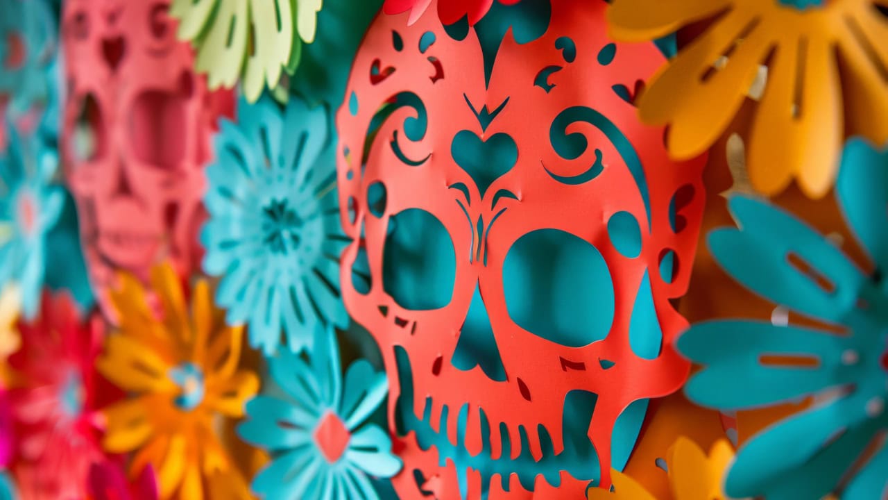 Close-up of Mexican paper skull decorations for New Jersey Dia de Los Muertos Day of the Dead celebration. Image produced by More Jersey.