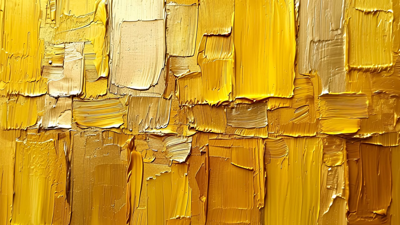 Close-up of New Jersey local artists strokes of gold oil paint on a coarse linen canvas. Image produced by More Jersey.