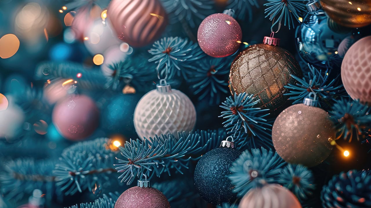 Close-up of pastel color ornaments on Christmas tree at New Jersey holiday event. Image produced by More Jersey.