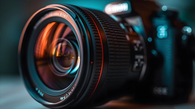 Close-up of professional camera and lens.