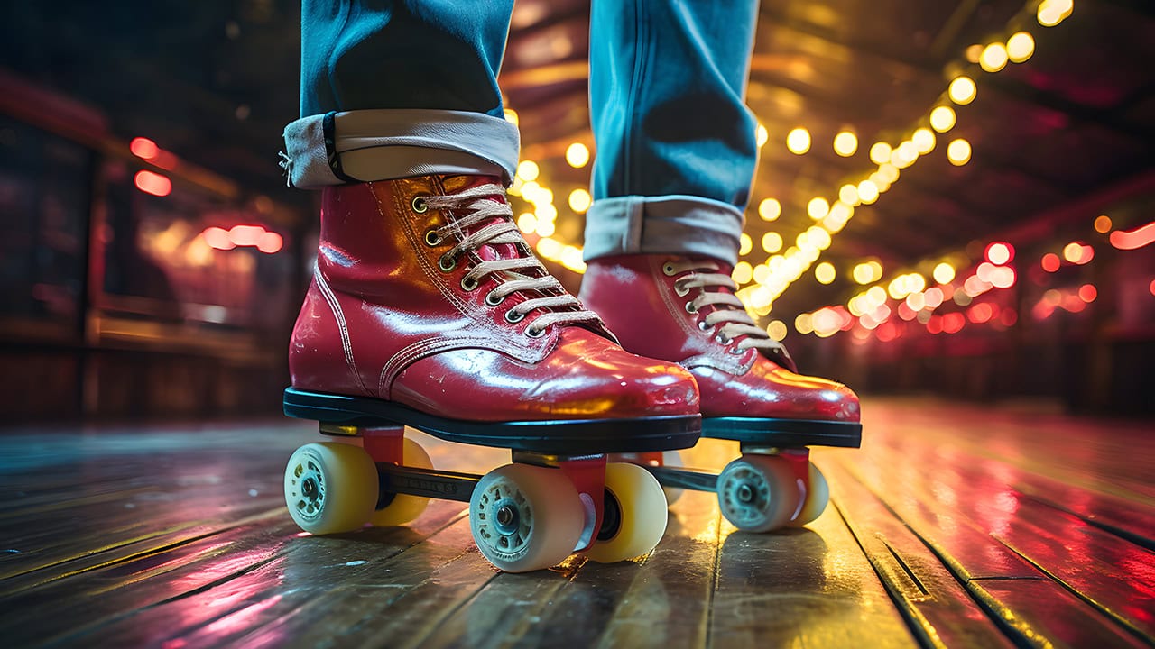 Close-up of roller skater wearing colorful skates. Image produced by More Jersey.