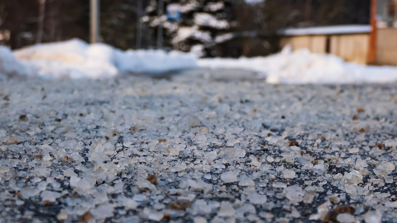 Close-up of salt grains on icy sidewalk. Image produced by More Jersey.