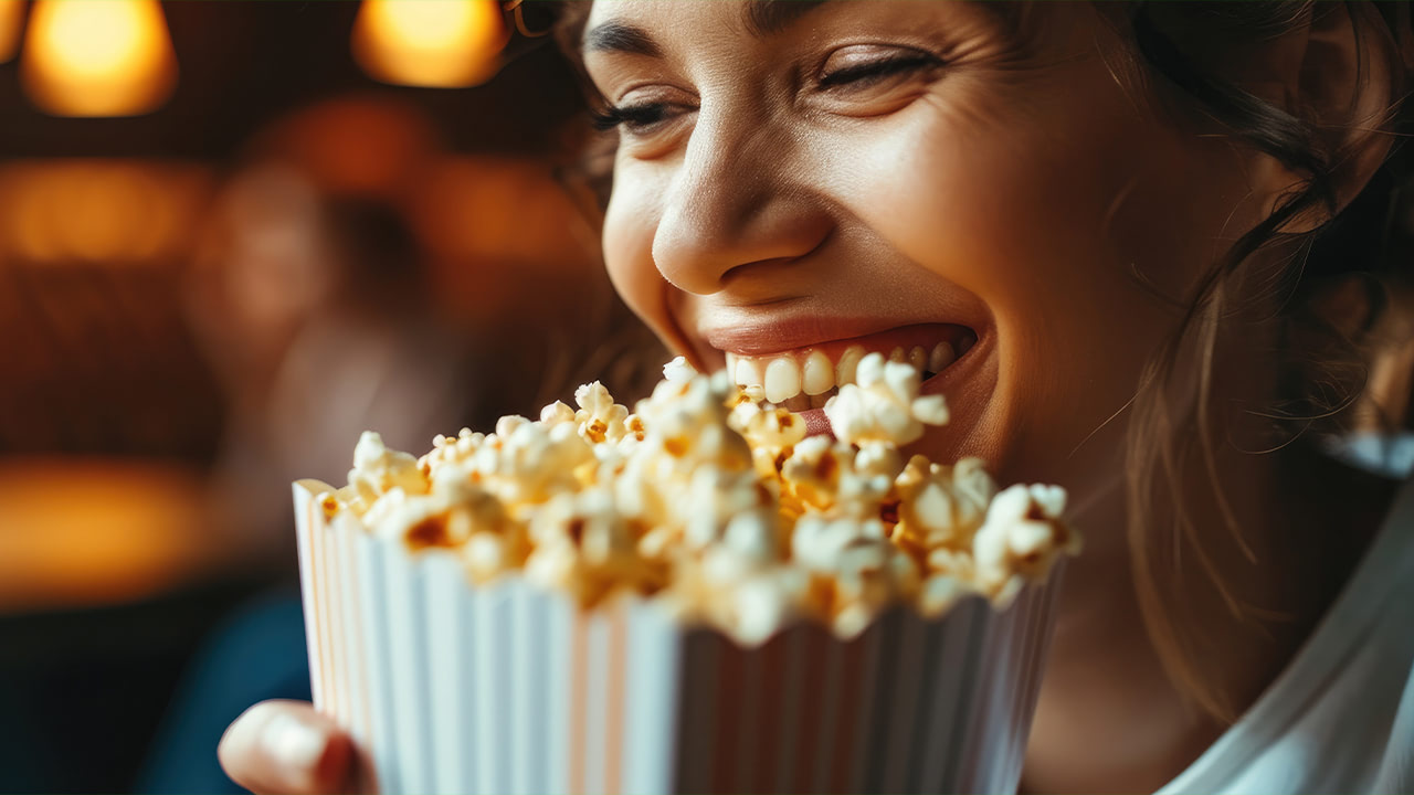 Closeup of woman enjoying popcorn at a New Jersey movie night event.