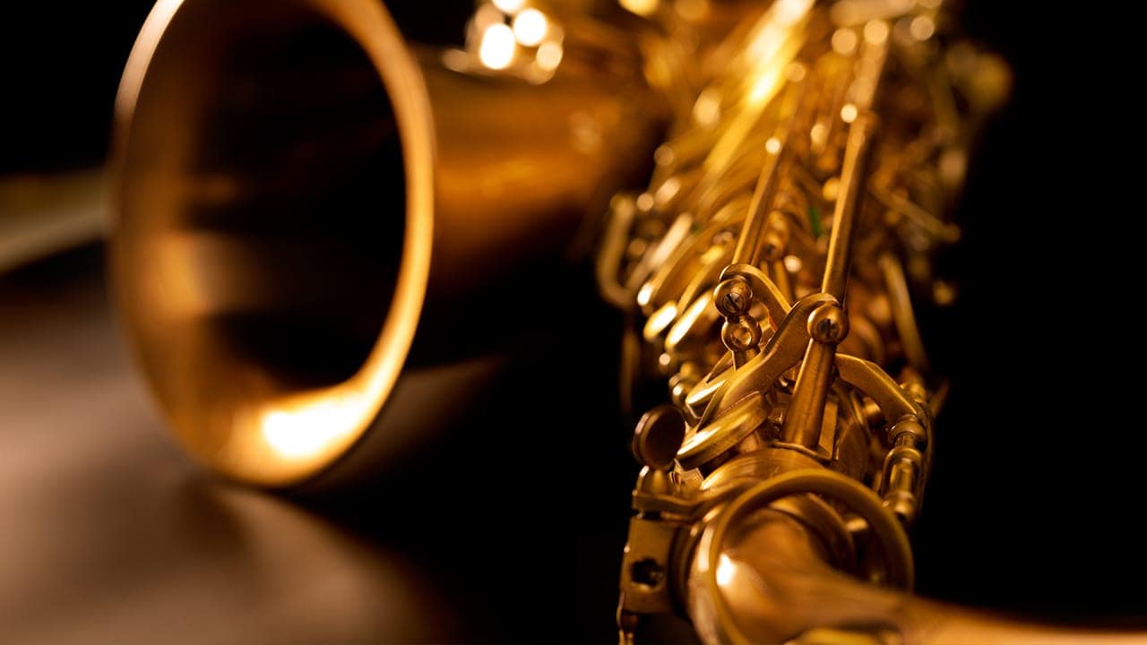 Closeup photo of golden tenor saxophone from New Jersey jazz event.