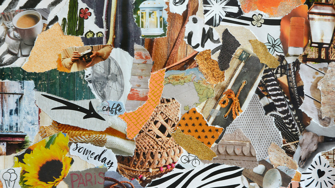 Collage craft made of torn magazine pages.