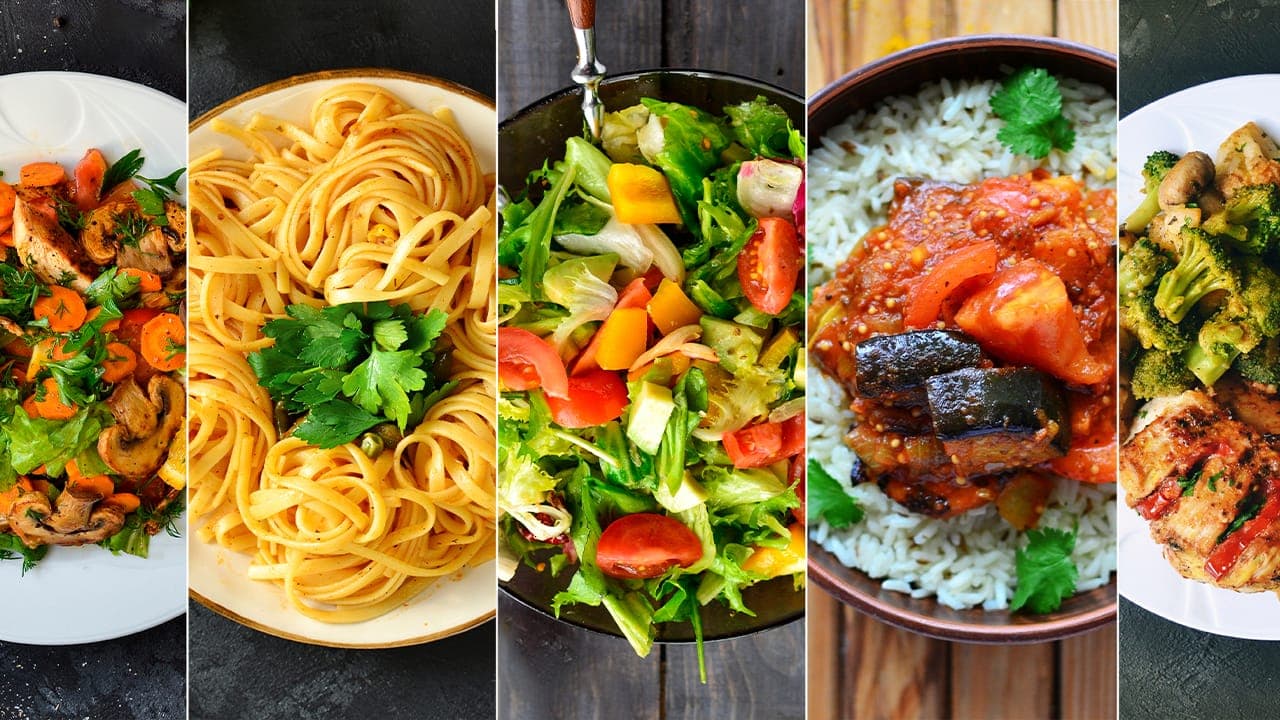 Collage of delicious meals, including meat and vegetarian dishes.
