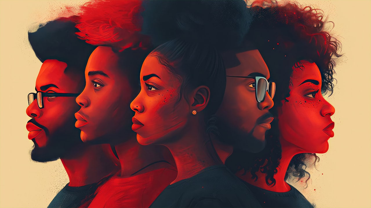 Colorful abstract illustration of diverse representations of young adult African Americans.