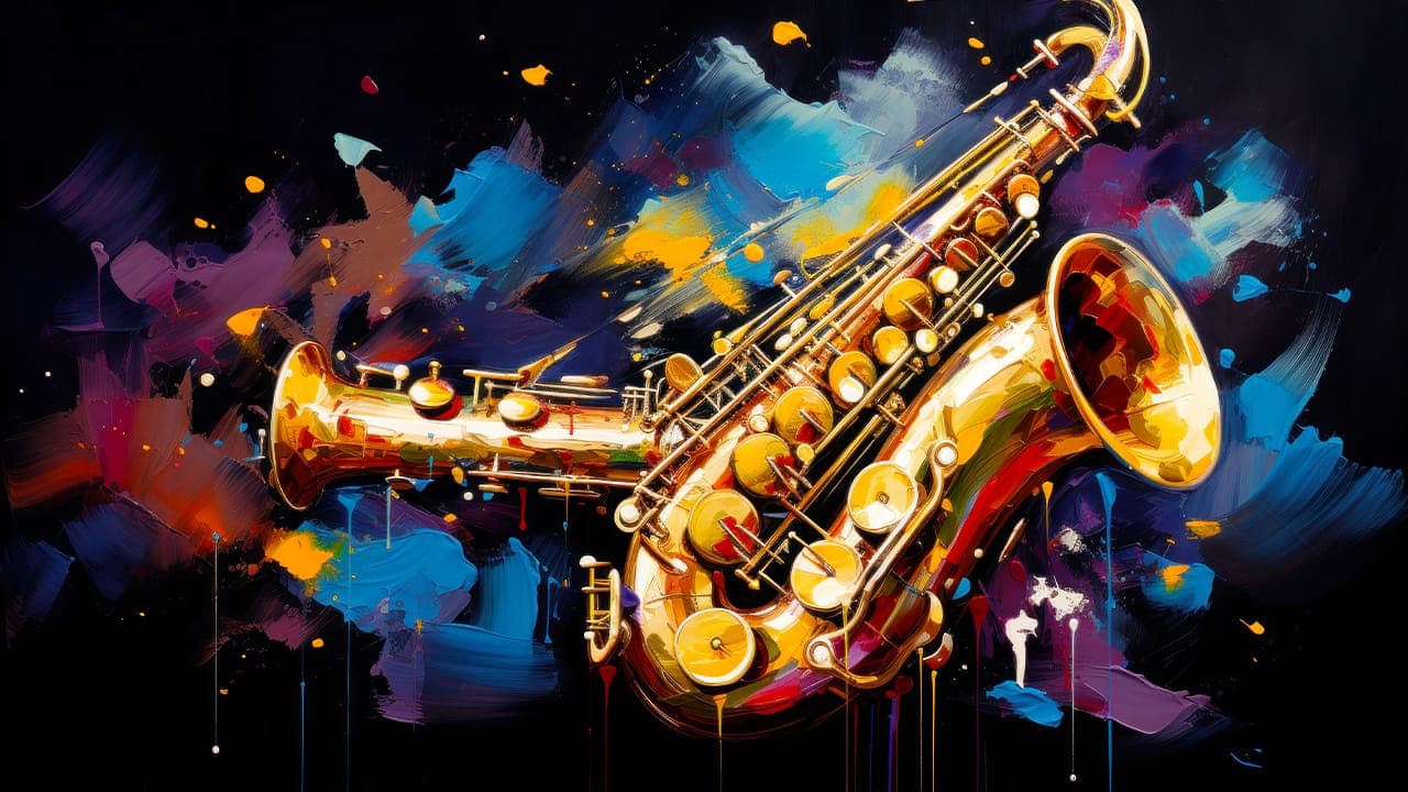 Colorful abstract painting of a saxophone.