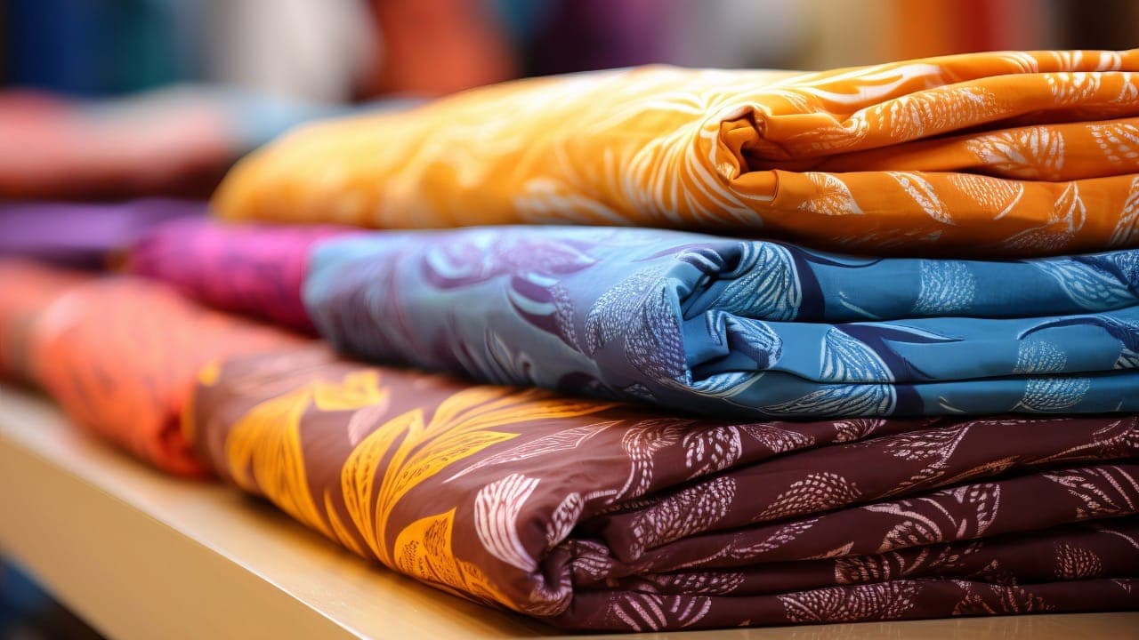 Colorful African fabrics neatly folded on a table for an African textiles workshop.