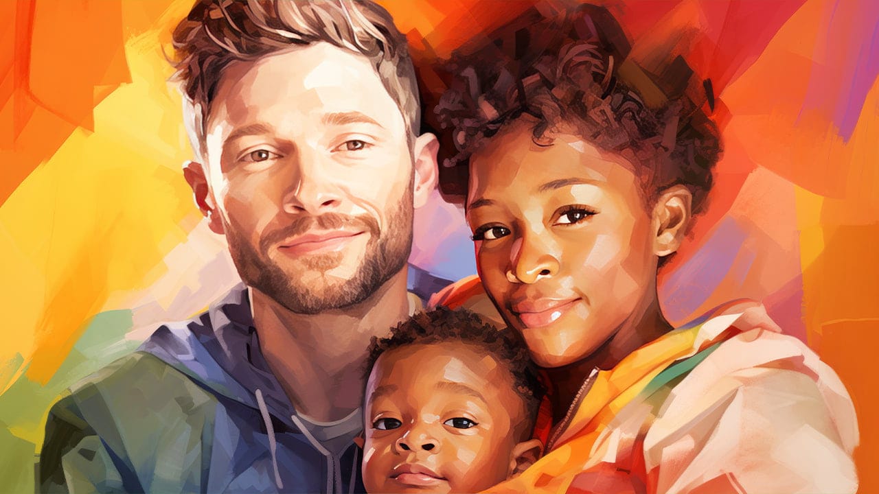 Colorful family portrait painting with interracial parents and child.