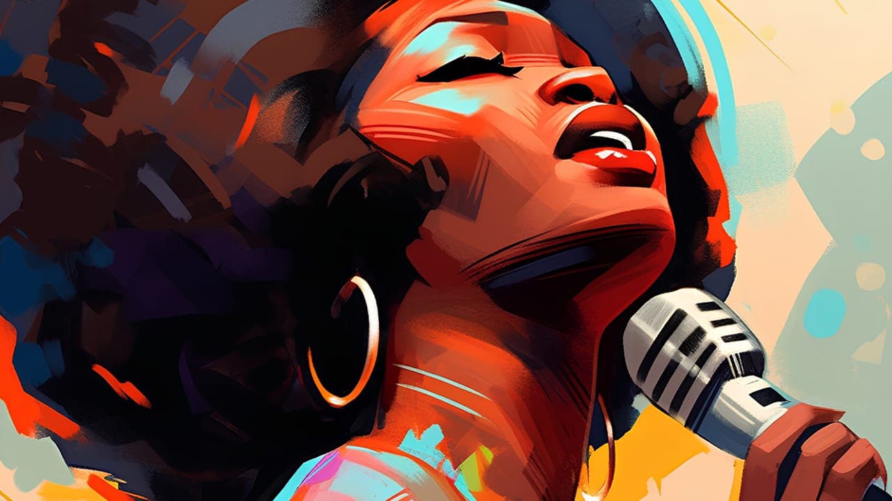 Colorful illustration of retro female soul singer with microphone on colorful background.