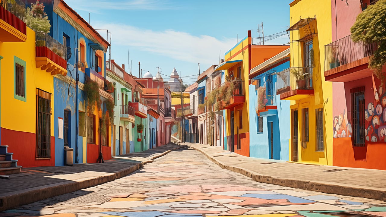 Colorful stone road and buildings in Buenos Aires, Argentina. Image produced by More Jersey.