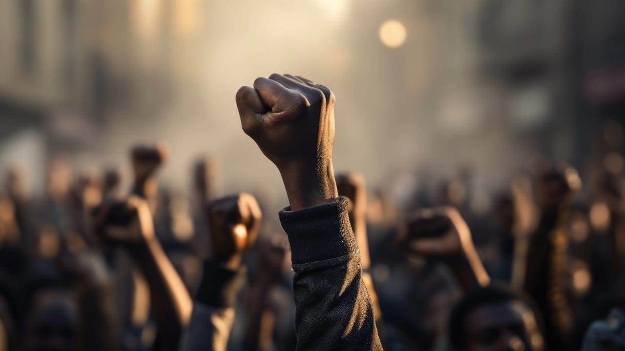 Crowd of African-American New Jersey residents with fists in the air, representing black power and black unity. Image produced by More Jersey.