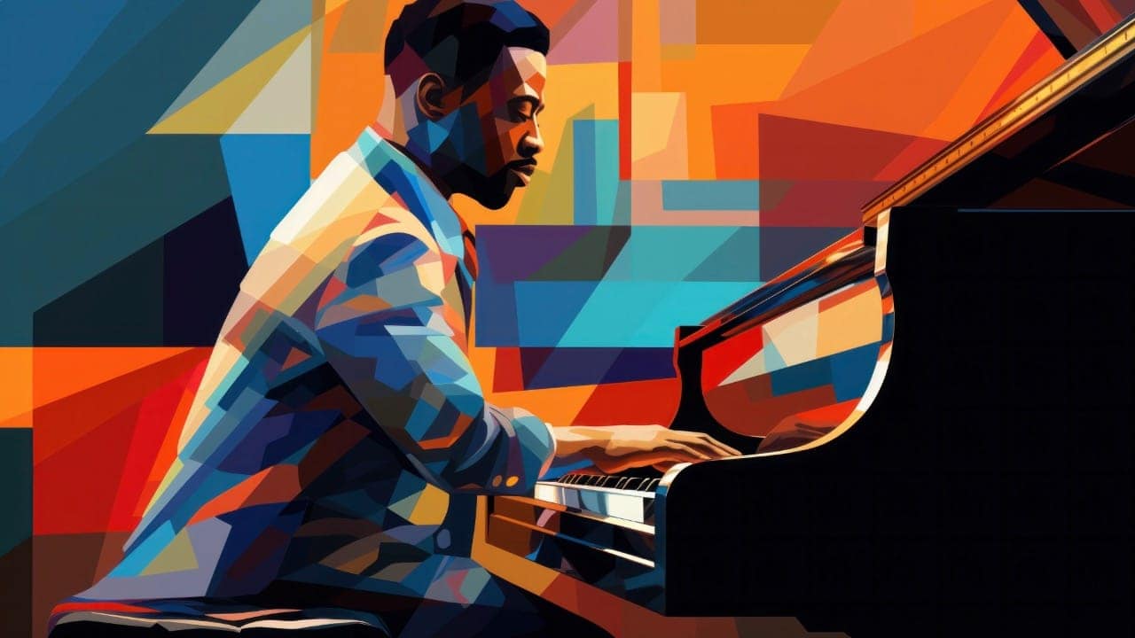 Cubist-style artwork of African-American jazz pianist playing music.