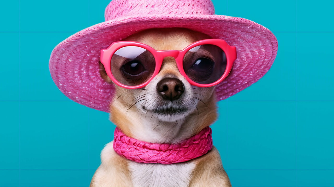 Cute Chihuahua dog dressed up in a pink hat, scarf, and sunglasses.