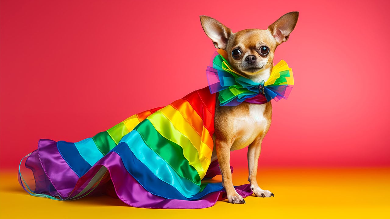Cute Chihuahua dog wearing rainbow pride dress.