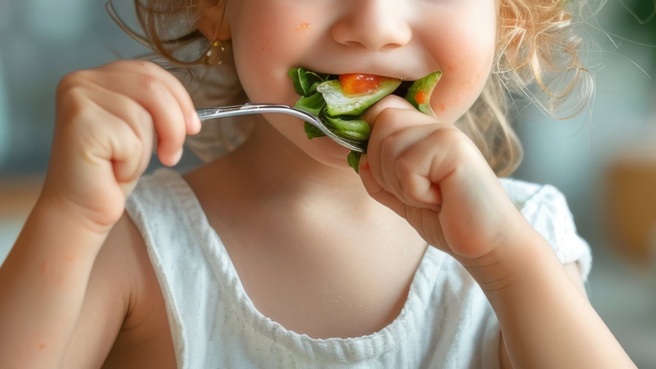 Cute girl eating salad with fork and hand. Image produced by More Jersey.