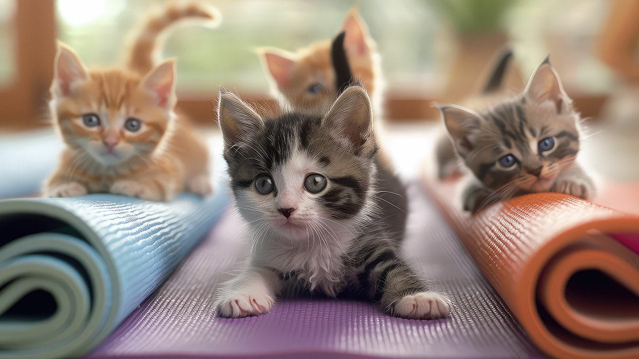 Cute kittens laying on yoga mats for New Jersey kitten yoga class.