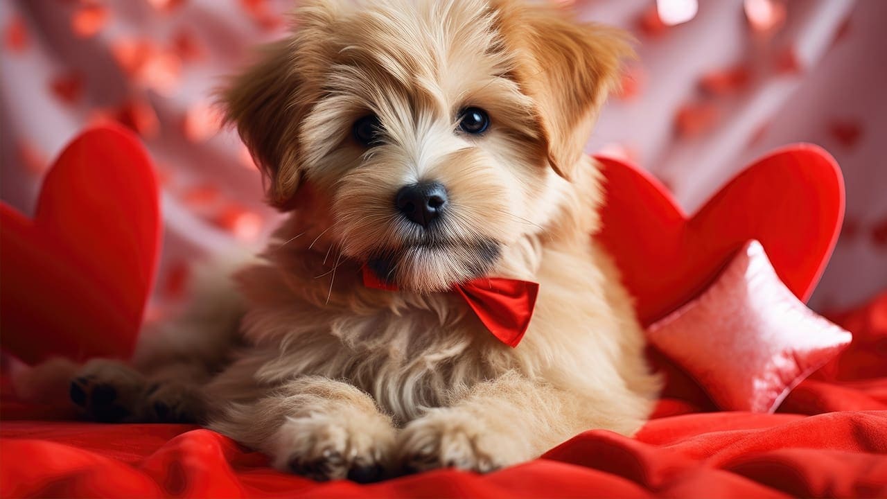 Cute little dog wearing a red bowtie for New Jersey animal shelter fundraiser event.