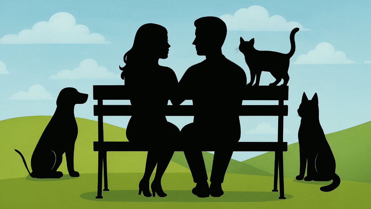 Digital illustration in silhouette style of a couple on a park bench with friendly sitting dogs and cats. Image produced by More Jersey.