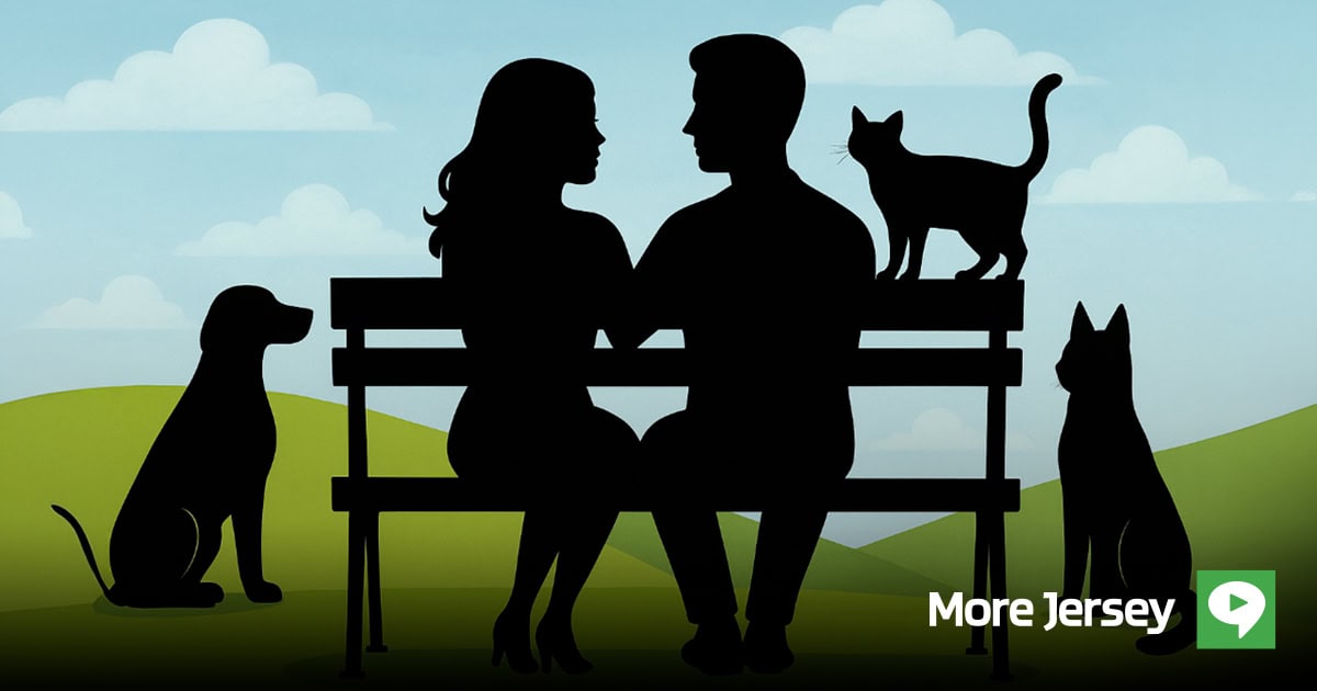 Digital illustration in silhouette style of a couple on a park bench with friendly sitting dogs and cats. Image produced by More Jersey.