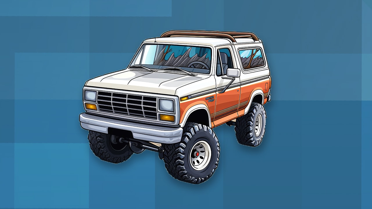Digital illustration of a classic orange and white Ford Bronco truck.