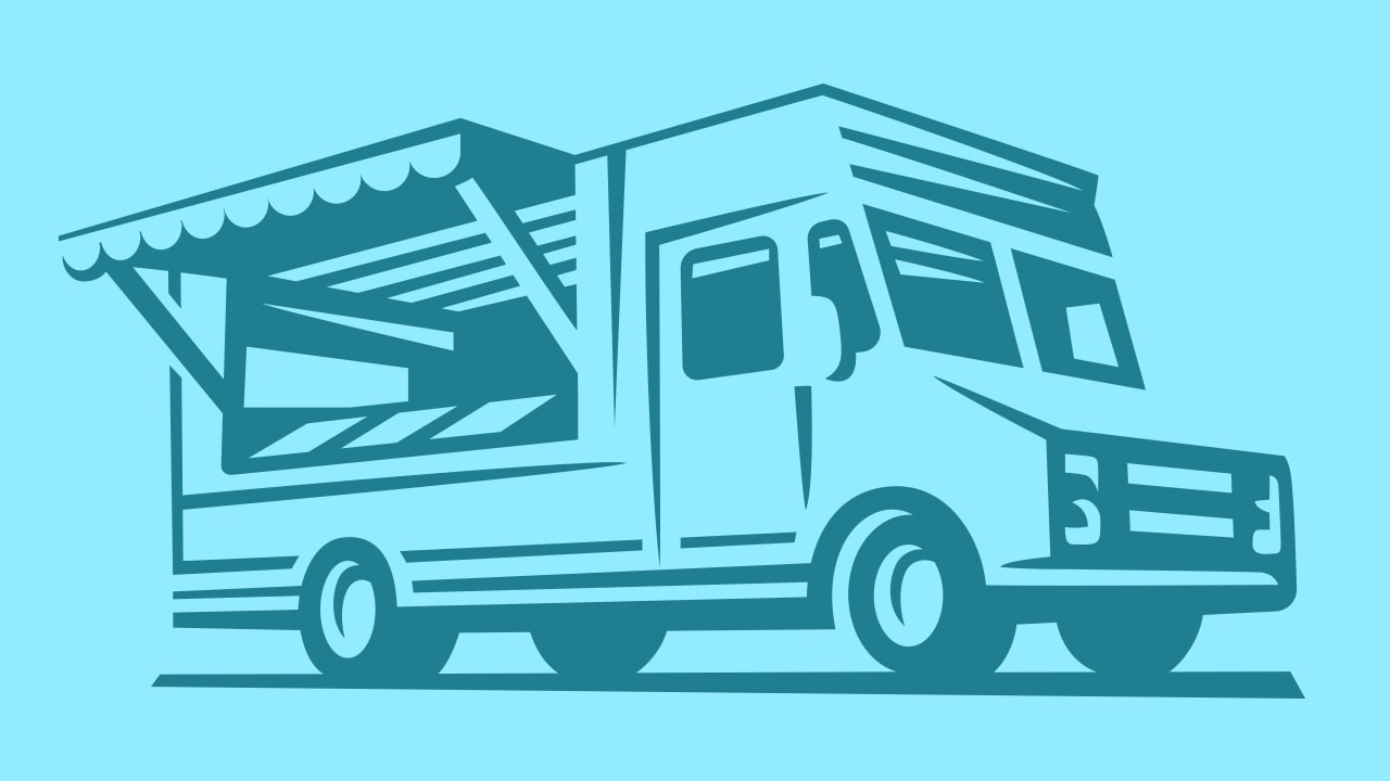 Digital illustration of a food truck with serving window open.