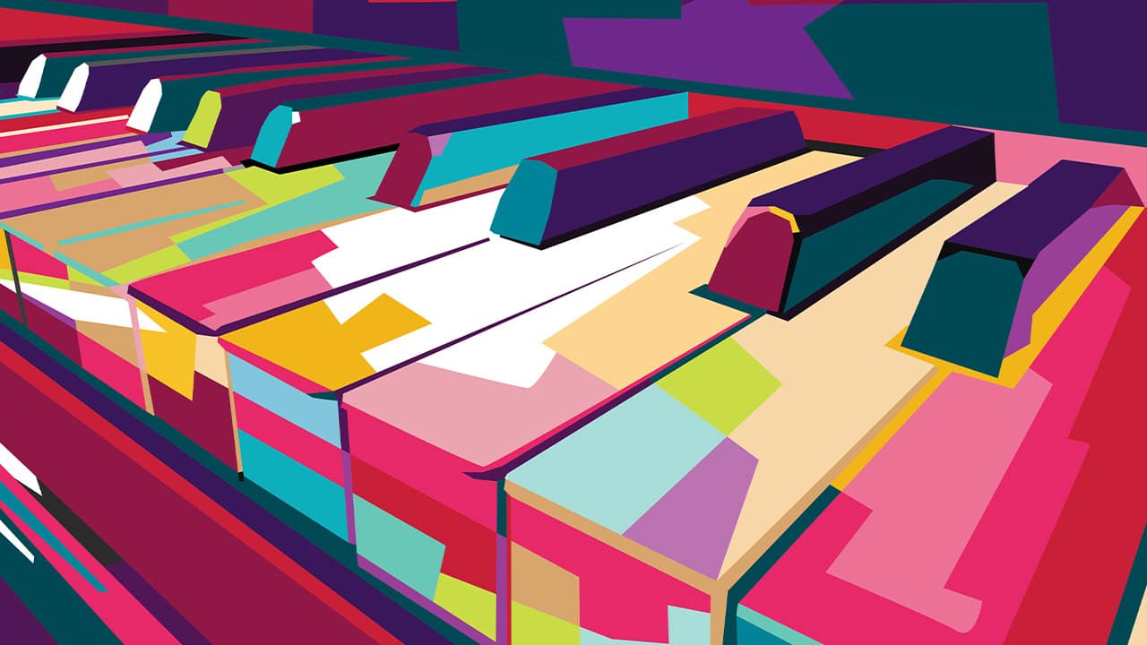 Digital illustration of a piano in a colorful wpap pop art style. Image produced by More Jersey.