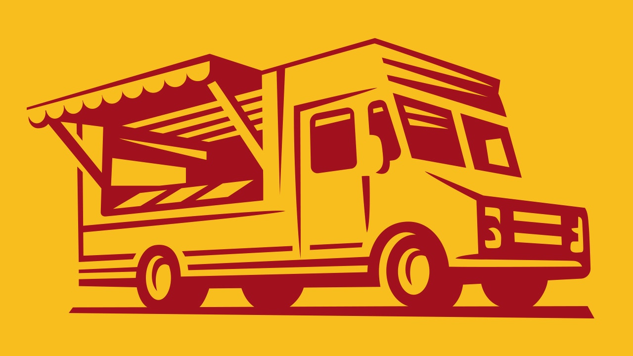 Digital illustration of a red food truck on a yellow background.