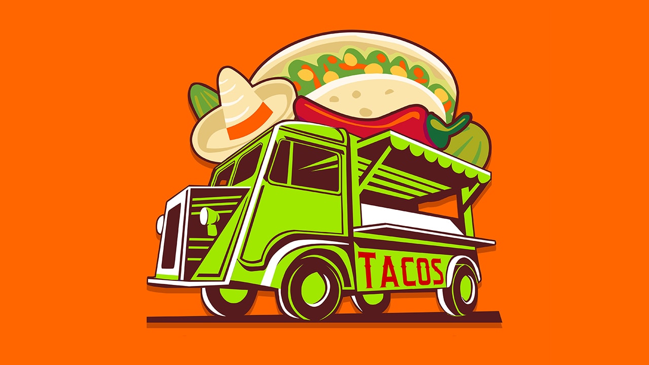 Digital illustration of a taco food truck with large sombrero and peppers decoration on roof.