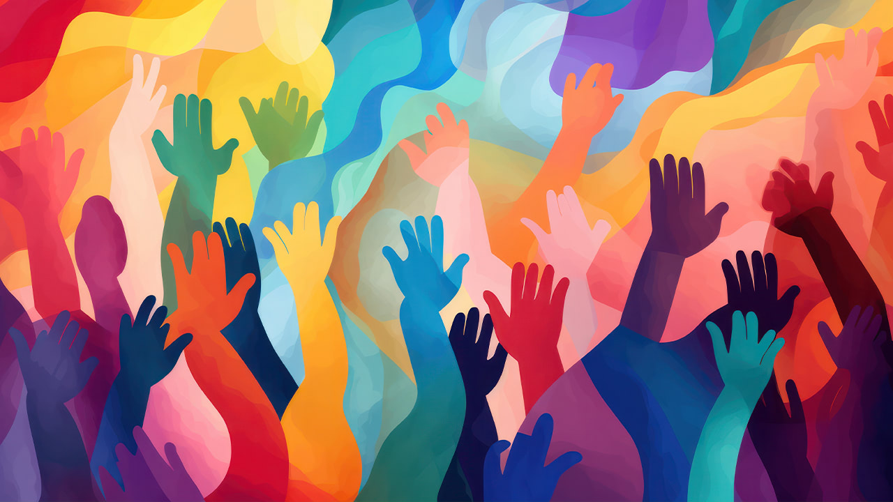 Digital illustration of colorful raised hands denoting LGBTQIA+ inclusivity.